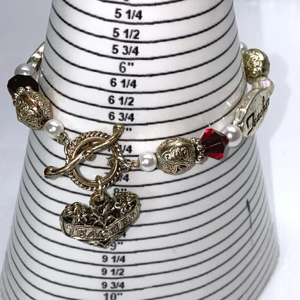 Teacher Inspire Wisdom Heart Charm Toggle Bracelet Silver Tone‎ Beads Red Gems